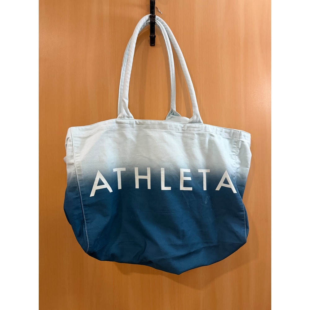 Athleta Blue Ombre Canvas Tote Bag Logo Print Large Shoulder Bag